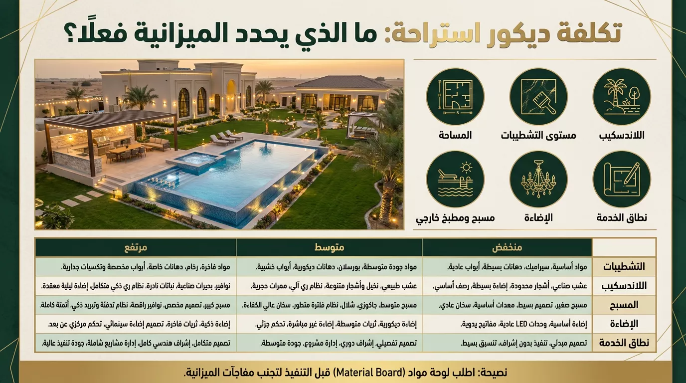 عوامل تكلفة ديكور استراحة سعودية تشمل المساحة والتشطيبات واللاندسكيب والمسبح والإضاءة وخدمة التصميم أو التسليم المفتاح